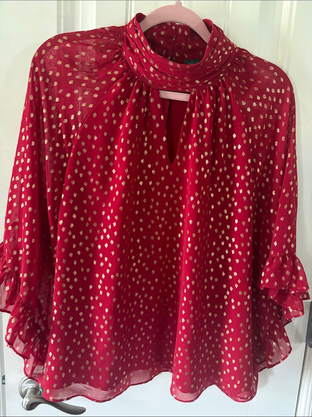 Vince Camuto Red Blouse with Metallic Gold Dot Print